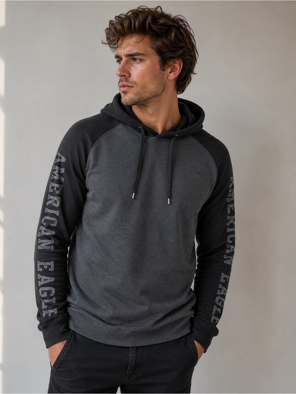 American Eagle Thermal Hoodie XXL Gray Black Streetwear Oversized